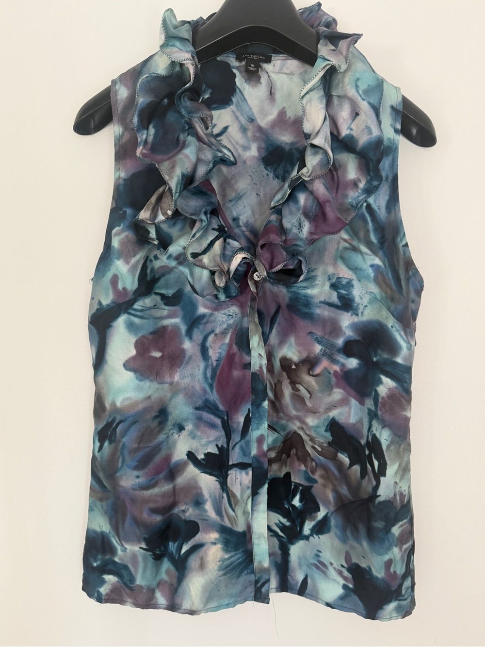 Ann Taylor Ruffle Tie-Neck Camisole in Teal, Purple & Black